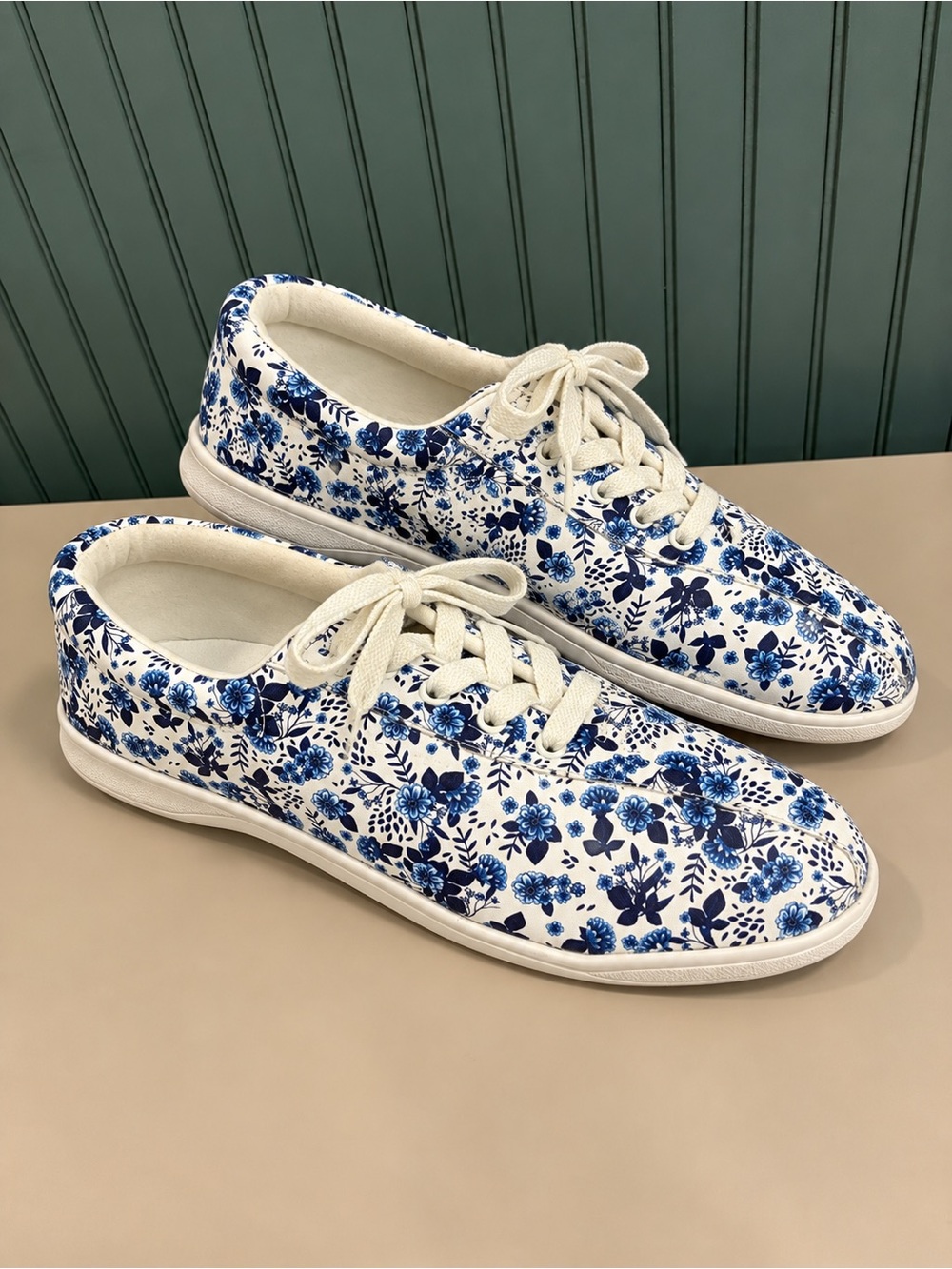 Easy Spirit White Canvas Sneakers with Blue Floral Print
